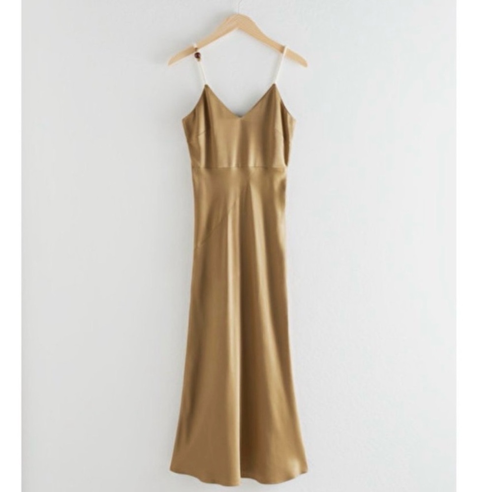 & OTHER STORIES Rope Strap Midi Satin Slip Dress Wedding Guest Cocktail Tan Sz 4 - Picture 6 of 14